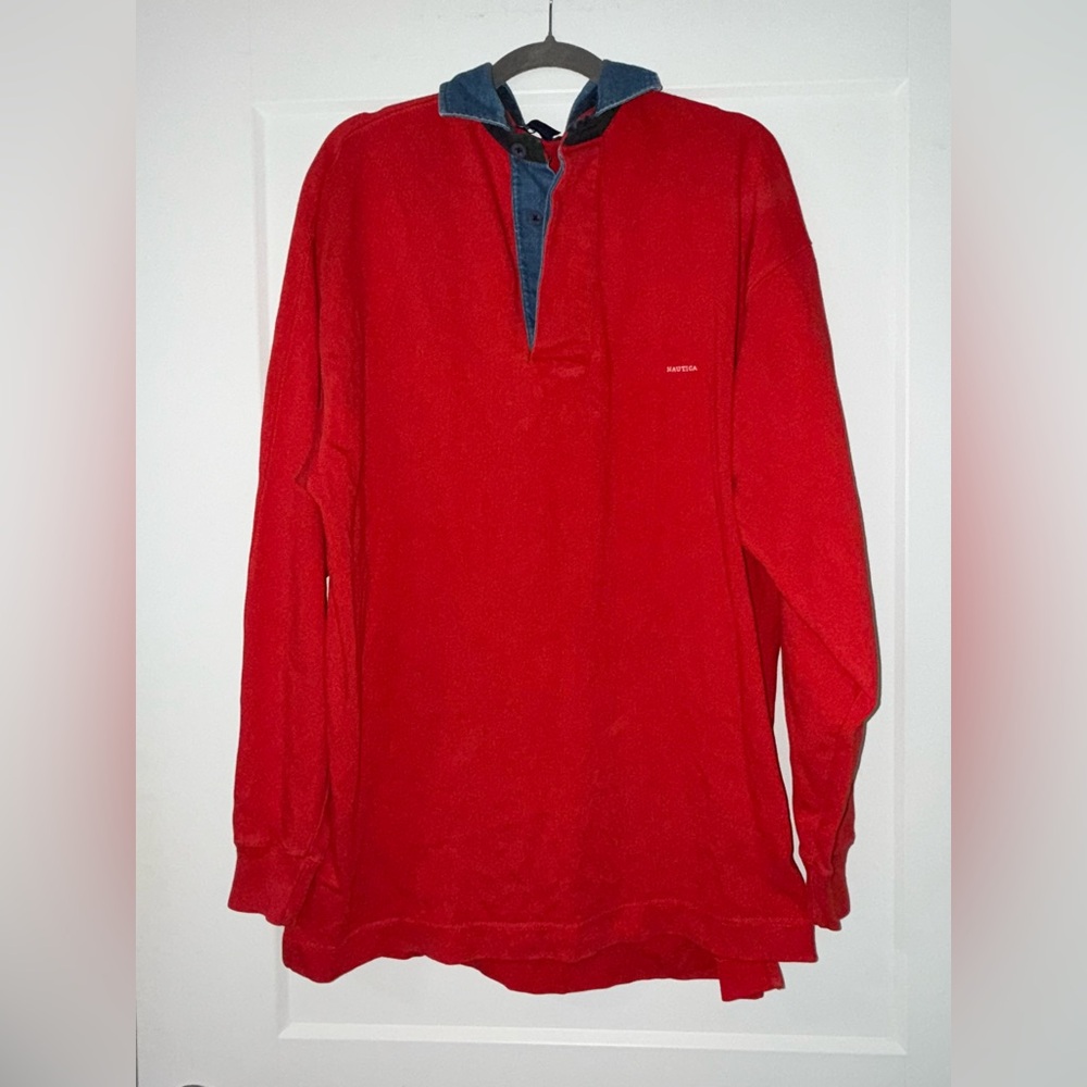 Nautica Men’s Red Long-Sleeve Pullover with Denim Collar